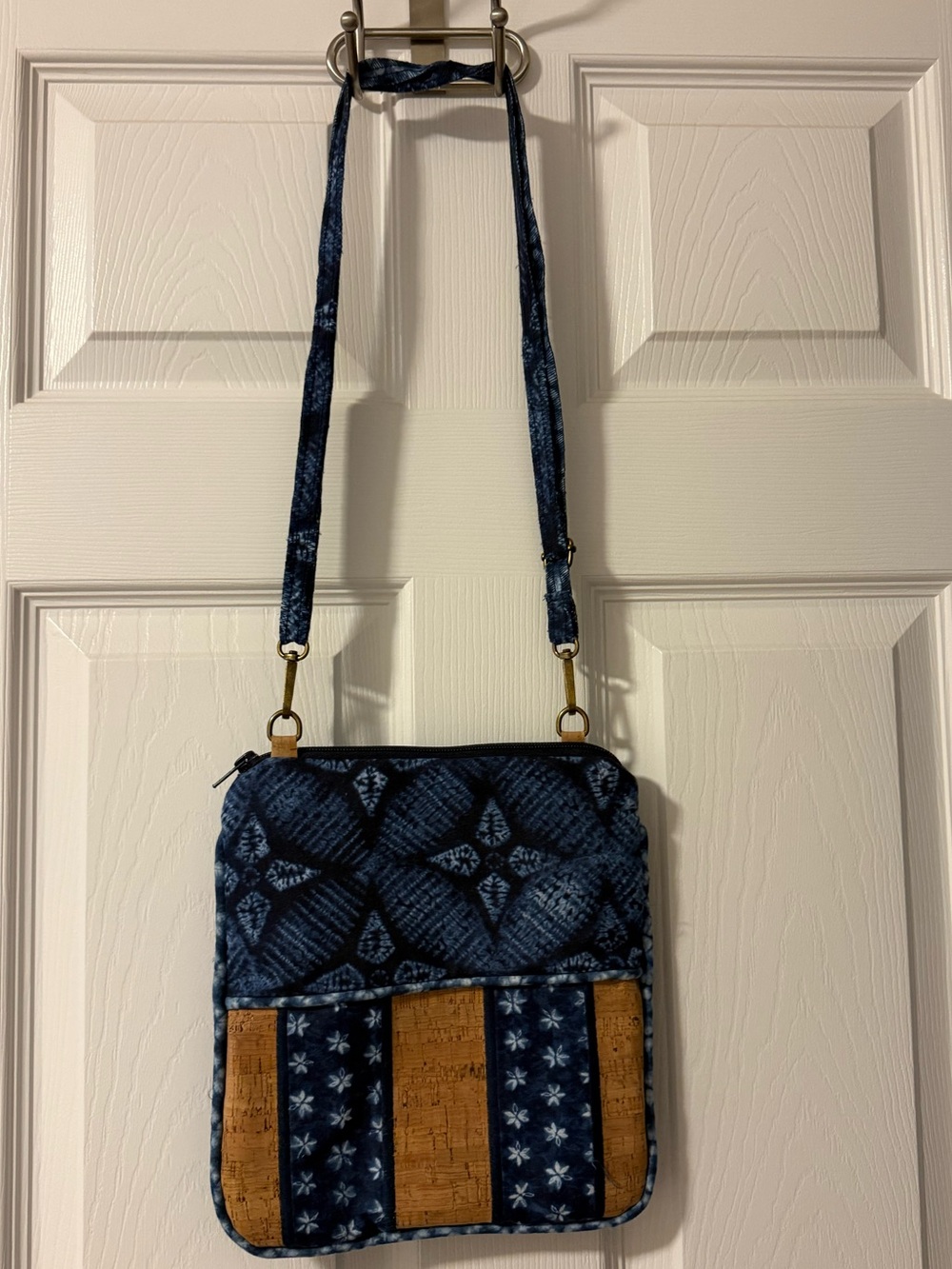 Indigo Patterned Crossbody Bag with Cork Accents ** HANDMADE